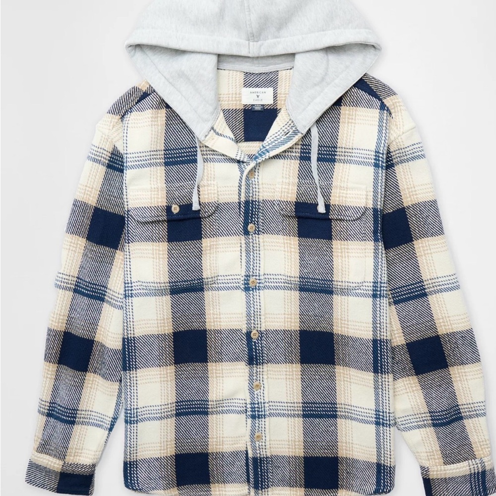 American Eagle Outfitters Blue and Cream Plaid Shirt Jacket